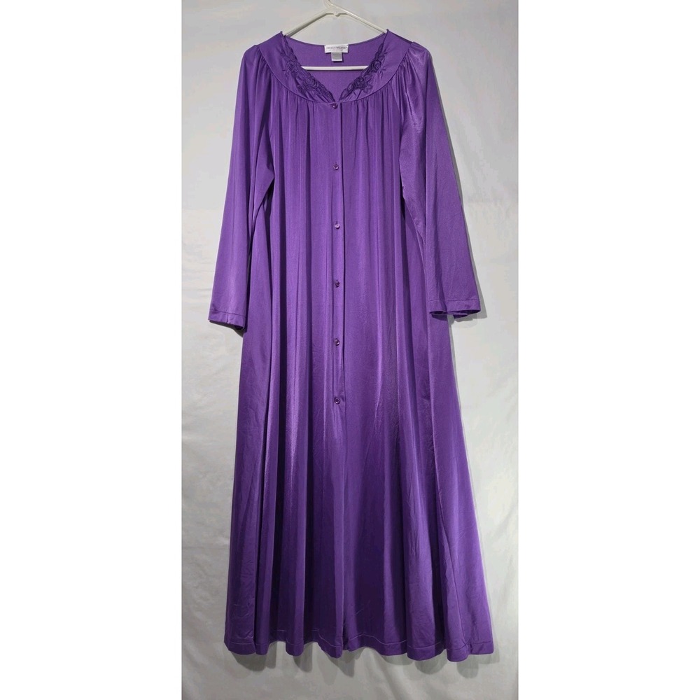 Vtg Shadowline Dressing Gown Long Robe Large Purple W Roses Soft Girl Romantic